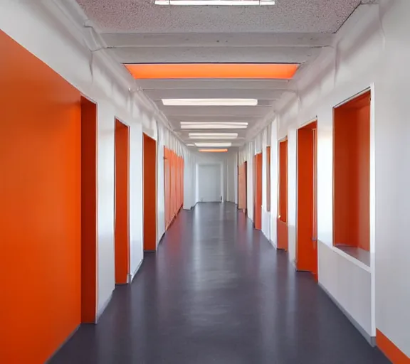 Image similar to fancy corridor with orange walls and white floor. black benches. a tv hanging in the right upper corner.