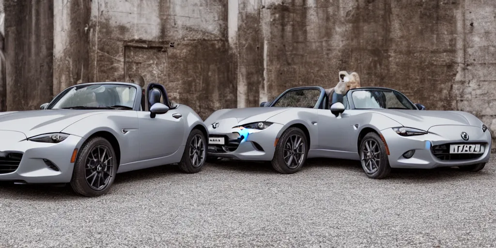 Image similar to a wide angle photograph of a grey rabbit posing next to a red mazda mx-5