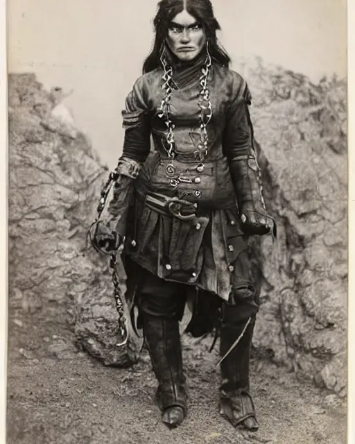 Image similar to female half orc with leather clothing, photo by gertrude kasebier