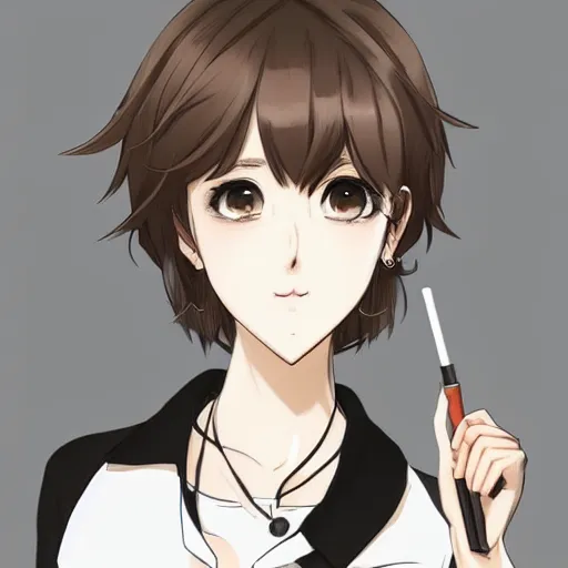 Image similar to portrait of a girl with short brown hair, wearing a white blouse and black choker, smoking a cigarette, drawn by WLOP, by Avetetsuya Studios, attractive character, colored sketch anime manga panel, unsaturated, dull colors, trending on Artstation