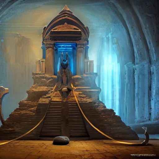 Image similar to fantasy movie scene greg rutkowski digital painting of an ornate and royal egyptian antechamber tomb with a old twisted wooden staff weapon with a blue crystal at it's tip laying on a stone altar, unreal engine, hyper realism, realistic shading, cinematic composition, blender render, octane render, hdr, detailed textures, photorealistic, 3 5 mm film