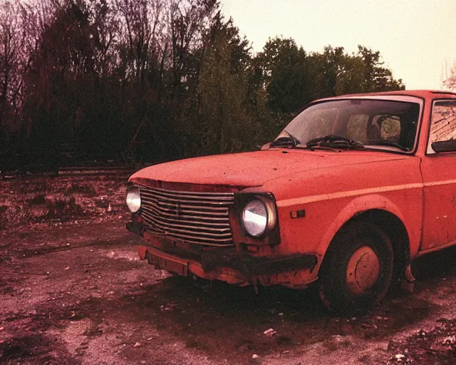 Image similar to a lomographic photo of old lada 2 1 0 7 standing in typical soviet yard in small town, hrushevka on background, cinestill, bokeh