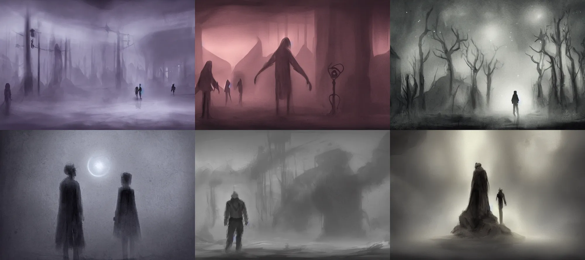 Prompt: lost souls searching for nothing, concept art, darkness, slight glow