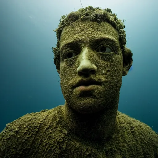 Image similar to Award-winning photograph by Mar Mann. The photo depicts a decaying roman bust of Mark Zuckerberg overgrown with moss at the bottom of the sea in the middle of ruins of civilization. Minimalism, high definition, perfect composition. Deep sea picture. Very dark. Volumetric Lighting. Fish. Darkness. Ruins