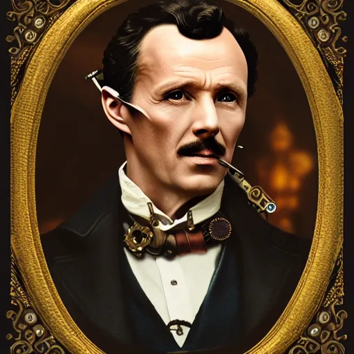 Image similar to portrait of sherlock holmes wearing a steampunk mechanical monacle, matte painting, 4 k, ultra detailed