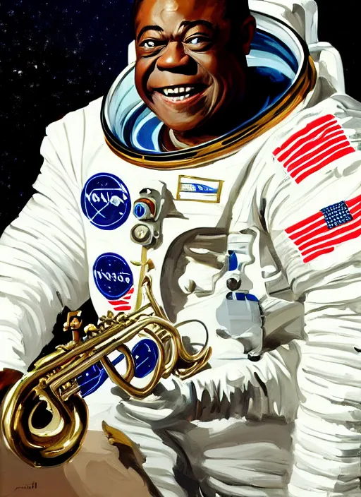 Image similar to a portrait of louis armstrong wearing a space suit on the moon, ( ( ( trumpet ) ) ), by greg manchess and john singer sargent and jonathan yeo, dramatic lighting, highly detailed digital painting