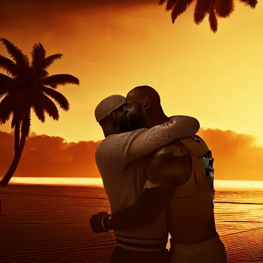 Image similar to lebron james and kobe bryant hugging at golden hour, tropical beach, digital art, octane render, love, friendship