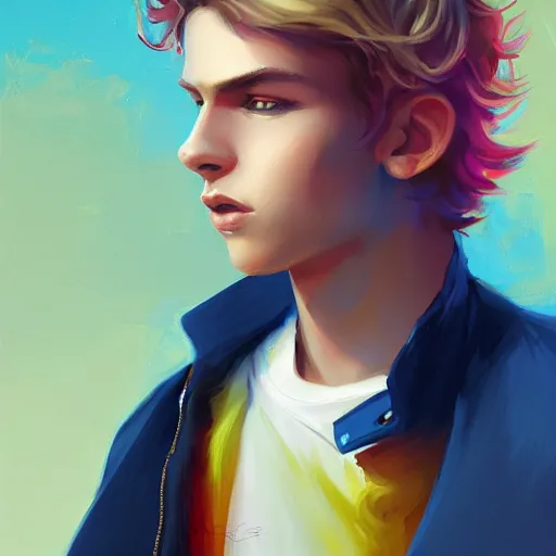 Image similar to colorful and Festive Captivating young boy with wavy blonde hair, navy blue jacket and blue shorts. rich vivid colors, ambient lighting, dynamic lighting, 4k, atmospheric lighting, painted, intricate, highly detailed by Charlie Bowater