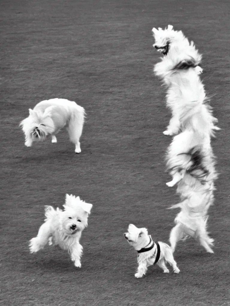 Image similar to a gray german spitz fights a white west highland terrier, disney style, 1 9 7 0 s