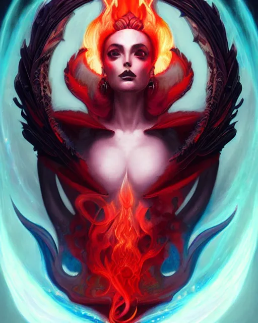 Image similar to black red smoke twisting ink portrait, draconic priestess, flames, ice, aqua glow, radiant halo of light, peter mohrbacher, artgerm