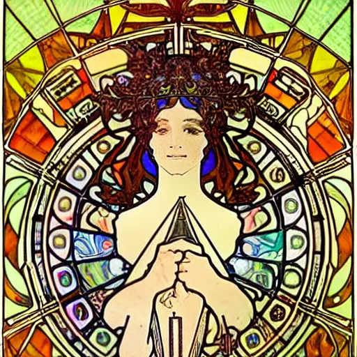 Prompt: burning man, goddess of medicine, band aid, bandage, first aid kit, pills, nurse, intricate, stained glass by alphonse mucha