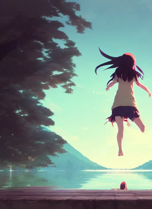 Prompt: girl jumping near a lake, rainy, touching a long neck monster, illustration concept art anime key visual trending pixiv fanbox by wlop and greg rutkowski and makoto shinkai and studio ghibli