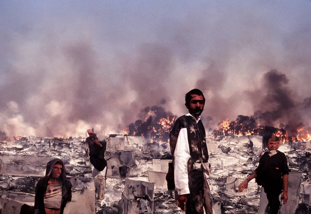 Prompt: portrait photograph fashion in Kuwait oil fields fire burning. 1991.