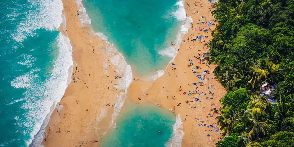 Prompt: brazilian beach, bird's eye view