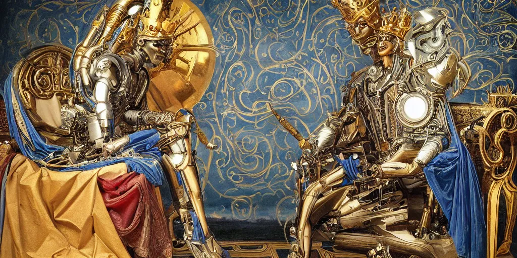 Prompt: beautifully painted mural of a mechanical cyborg king in ornate royal metallic fabric sitting in his royal throne room, piercing glowing eyes, sci fi scenery, fantasy setting, vogue cover poses, mural in the style of sandro botticelli, caravaggio, albrecth durer