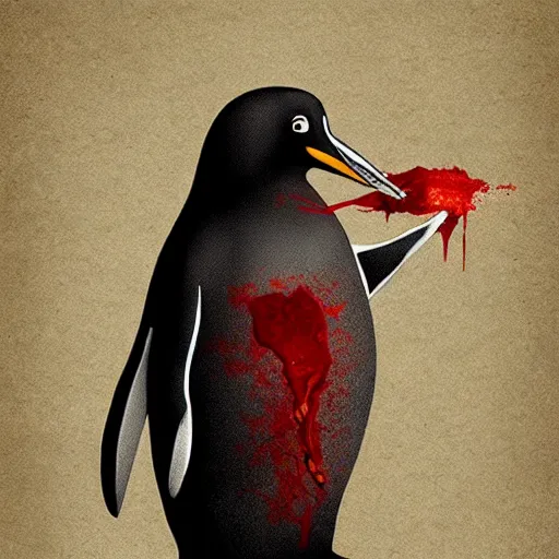 Image similar to oppressive penguin with blood on him, artistic illustration, concept art by aleksandra waliszewska