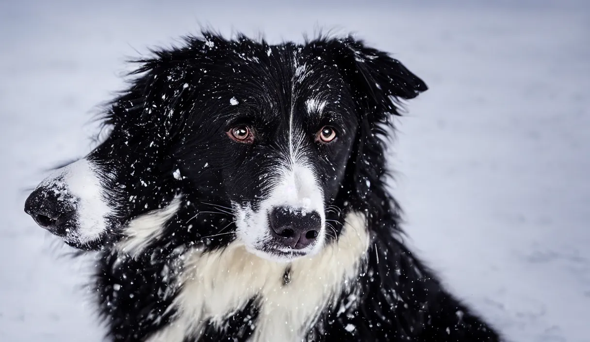 Prompt: A mostly black border collie with a white spot on her forhead playing in the snow, photorealistic