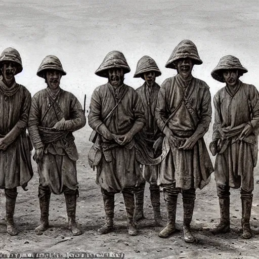 Prompt: ultra detailed photorealistic sepia - toned painting from 1 9 1 7, a small group of british soldiers standing with bedouin traders in traditional arab garb, at an archaeological dig site in wadi rum, ultra realistic, painted, intricate details, lovecraft, atmospheric, dark, horror, brooding, highly detailed, by clyde caldwell