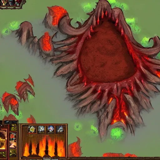 Image similar to TzKal-Zuk at the Inferno, old school runescape, lava river, magma, large shield of magma, obsidian pillars