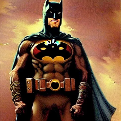 Image similar to ryan reynolds ( ( ( ( ( ( beard ) ) ) ) ) ), ( ( ( ( facial hair ) ) ) ), putting on a batman costume, painting by gaston bussiere, craig mullins, j. c. leyendecker