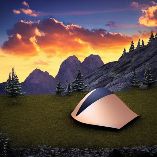 Prompt: Mountain campsite, sunset, landscape, photorealistic