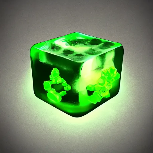 Image similar to a gelatinous cube from dnd with bones floating in it, translucent green slime cube filled with bones, 3d render, unreal engine, volumetric lighting, artstation