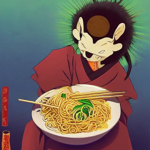 Image similar to robe rat samurai eating noodles, painting on a canvas, anime style, studio ghibli, contemplative, beautiful, surreal, detailed, dreamy