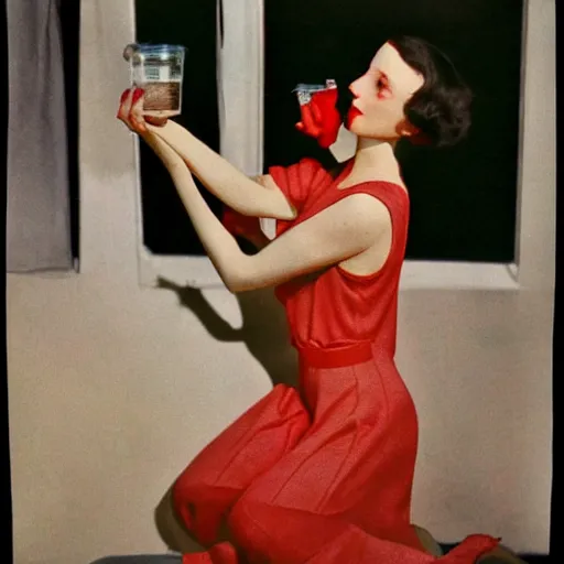 Prompt: color photo on vintage film stock of 1930s model on her hands and knees, lapping up milk from a bowl on the floor of an art deco mansion. There are red curtains in the distance and soft pools of light illuminating her and the surroundings.