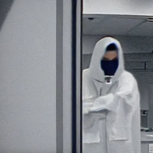 Prompt: cctv footage of a hooded ghost inside a laboratory