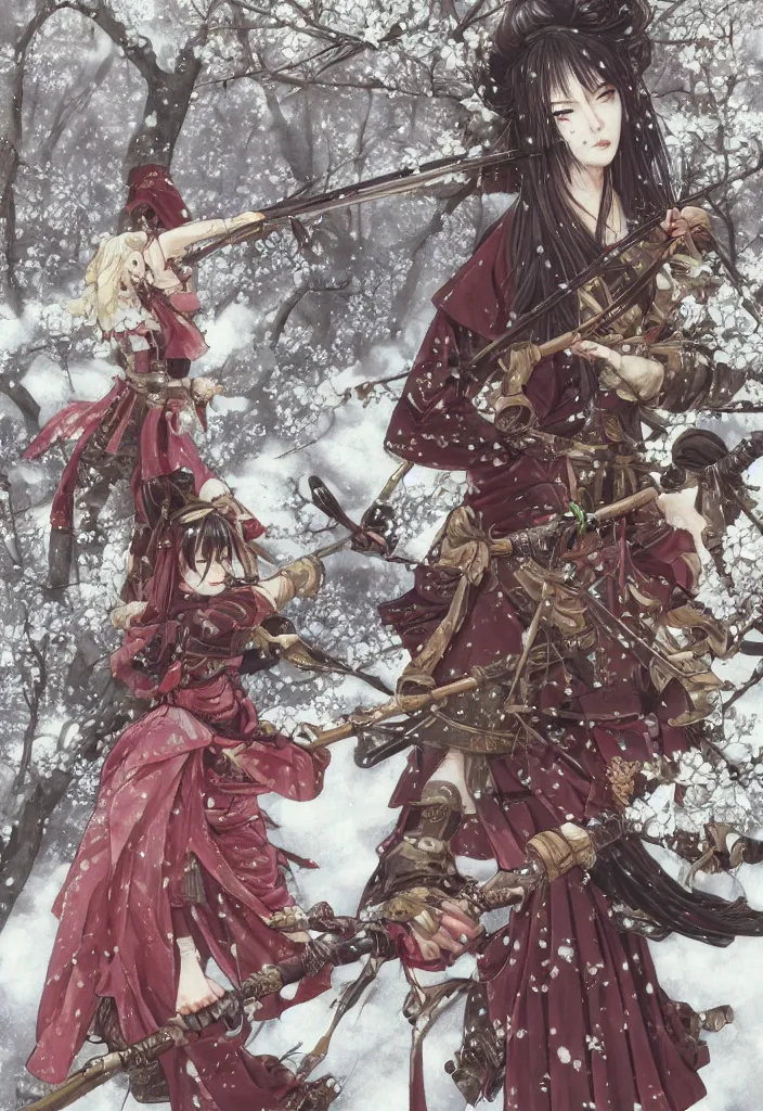 Image similar to fighting scene from a far of steampunk girl samurai with swords and tachi and bow and arrow and armor and rifle and cross bow combat pose in snow forest sakura cherry blossom swan hakama kimono trending on artstation takato yamamoto krenz cushart