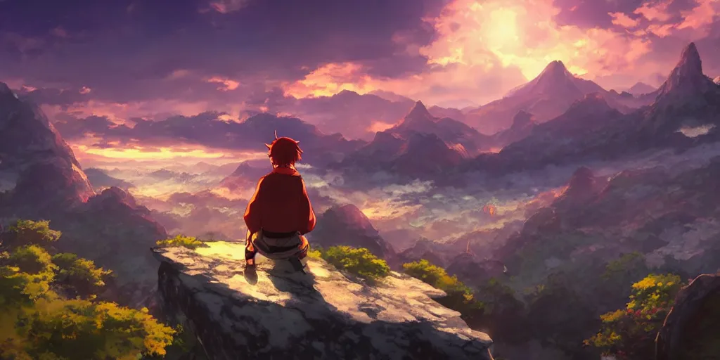 Image similar to isekai masterpiece anime boy sitting on a rock off to the side looking down upon fantasy floating sky town, during dawn, cinematic, very warm colors, intense shadows, anime illustration, rapid mountains, anime screenshot composite background