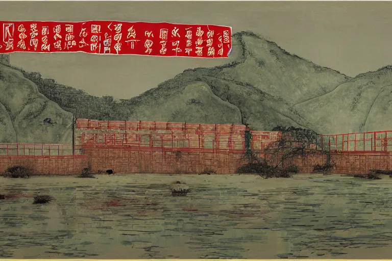 Image similar to a chinese prison near a river by peter doig, overlaid with chinese adverts