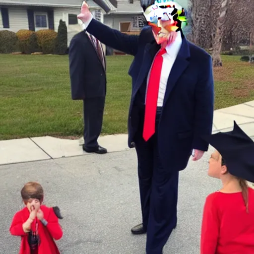 Prompt: tiny donald trump going trick or treating with joe biden, award winning photo