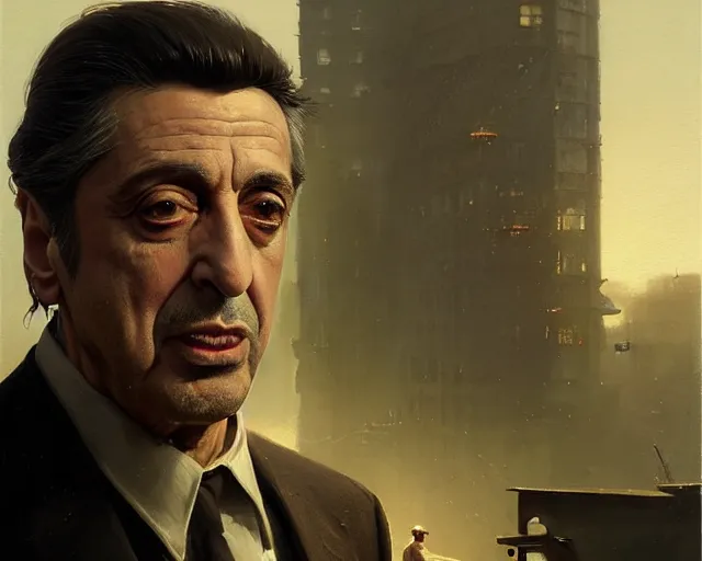 Image similar to highly detailed portrait of al pacino as vito scaletta, in mafia 2, stephen bliss, unreal engine, fantasy art by greg rutkowski, loish, rhads, ferdinand knab, makoto shinkai and lois van baarle, ilya kuvshinov, rossdraws, tom bagshaw, global illumination, radiant light, detailed and intricate environment