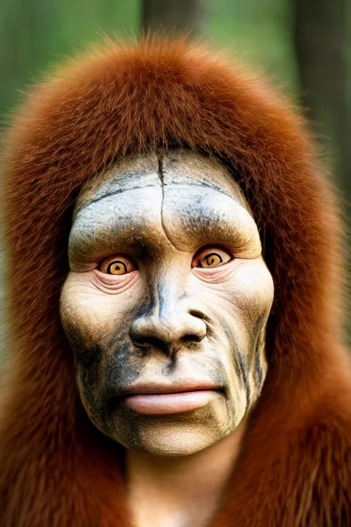 Image similar to a professional portrait photo of a neanderthal woman in the forest in winter, mud on face, black stripe across her eyes, ginger hair and fur, extremely high fidelity, natural lighting, still from the movie quest for fire