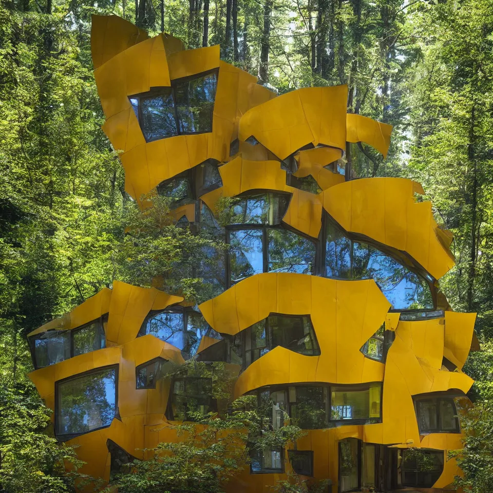 Image similar to a small flat house in the forest, designed by Frank Gehry. Big Tiles. Film grain, cinematic, yellow hue