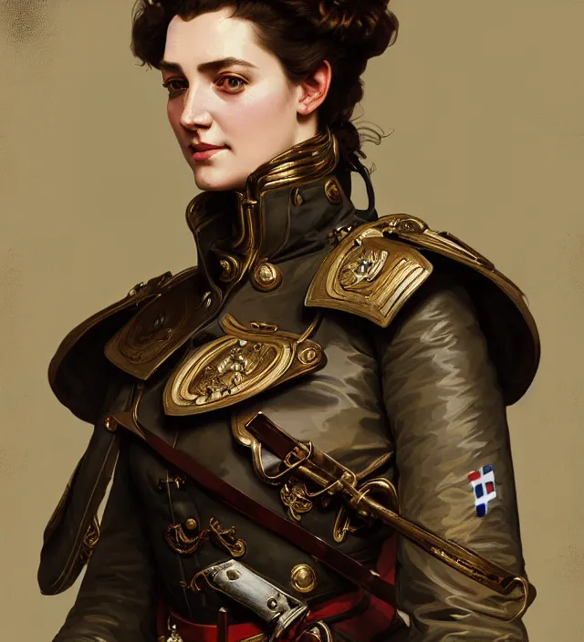 Prompt: portrait of a french woman wearing a traditional nineteenth century french empire military jacket, metal shoulder pauldrons, intricate, highly detailed, digital painting, artstation, concept art, sharp focus, cinematic lighting, illustration, art by artgerm and greg rutkowski, alphonse mucha, cgsociety