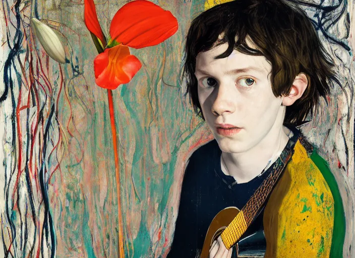 Prompt: portrait of nervous boy with in a room with an acoustic guitar standing next, wall paper field of lily's, hernan bas and pat steir and hilma af klint, psychological, photorealistic, dripping paint, washy brush, rendered in octane, altermodern, masterpiece