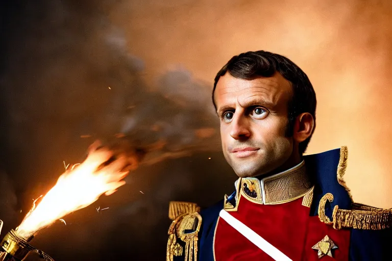 Image similar to closeup portrait of emmanuel macron dressed as napoleon firing cannons from his arms, natural light, sharp, detailed face, magazine, press, photo, steve mccurry, david lazar, canon, nikon, focus