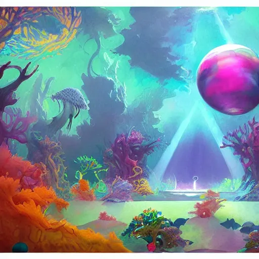 Image similar to a beautiful vivid colorful matte watercolor painting by Grzegorz greg rutkowski and and Anato Finnstark and Tyler Edlin, of an underwater discotheque with a disco ball and dancing mermaids and fish and a rainbow seaweed forest, trending on ArtStation hq