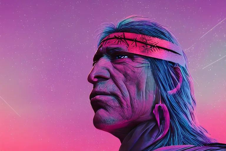 Image similar to photograph of a spiritual native american man looking up at the stars, art, universe, blender, pastel colors, synthwave, retro, cyberpunk,