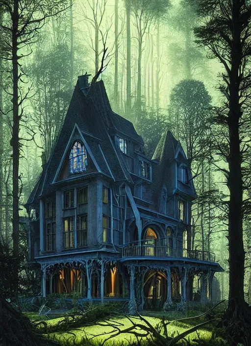 Image similar to hyper realistic witchy modern gothic house with mood lighting and tech in the woods gorgeous lighting, sunbeams blue sky, highly detailed, lush forest foliage painting by zdzisław beksinski and norman rockwell and greg rutkowski weta studio, and lucasfilm