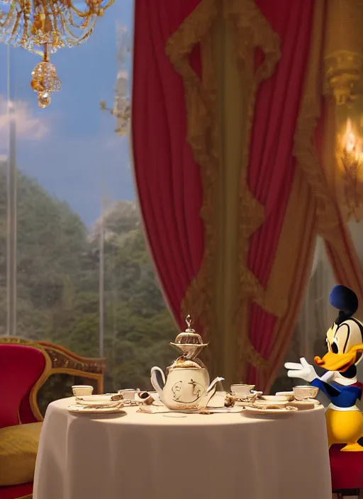 Image similar to cinderalla and donald duck having tea at the ritz, octane render, cinematic, elegant, intricate, 8 k