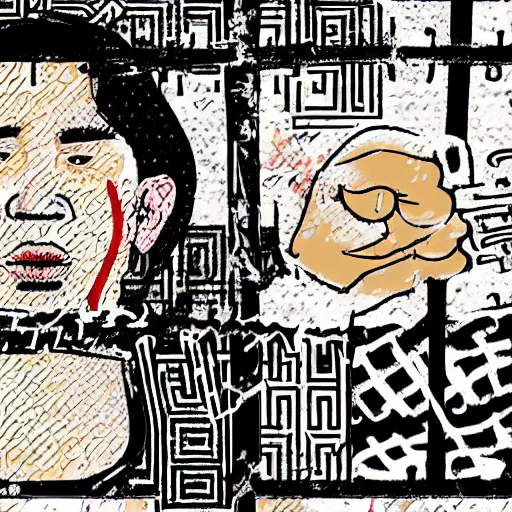 Image similar to uyghur Uighur in a prison behind bars, organ harvesting, in the style of daniel johnston and outsider art, 8k, line brush, overlaid with chinese adverts