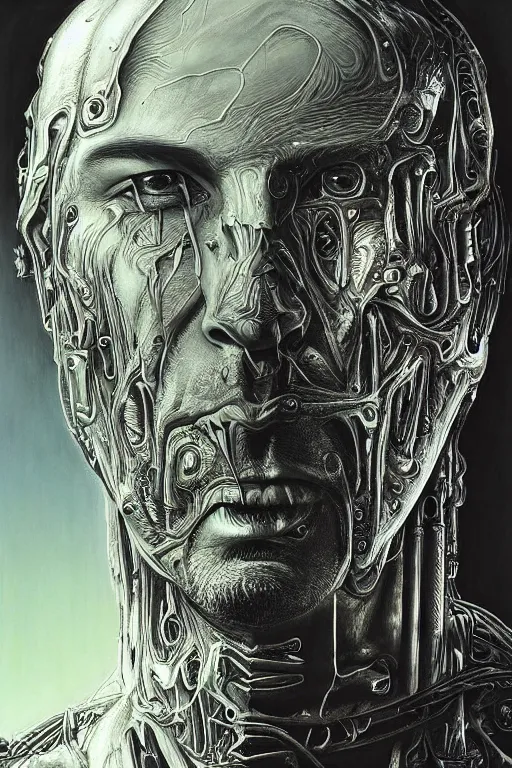 Image similar to portrait of keanu reeves, hyperdetailed, nightmare, abomination, ultrarealistic, cyberpunk, dramatic, symmetrical, by h. r. giger and zdislaw beksinski and artgerm, science fiction, alien, religious art, mandelbrot fractal, trending on deviantart