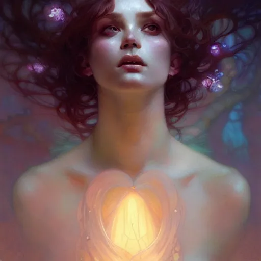 Image similar to crystalline soul fairy, surreal, dramatic lighting, face, detailed, intricate, elegant, lithe, highly detailed, digital painting, artstation, concept art, smooth, sharp focus, illustration, art by Krenz Cushart and Artem Demura and alphonse mucha