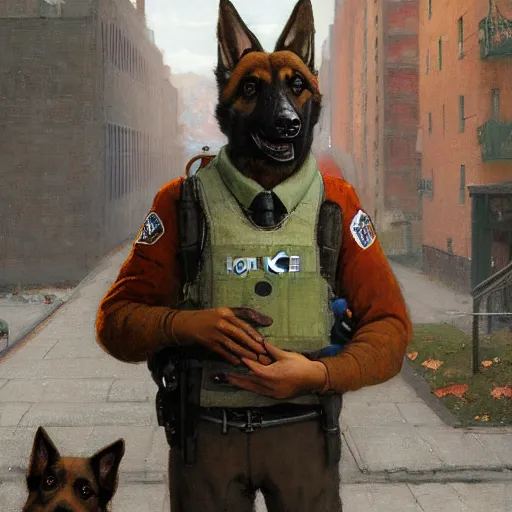 Image similar to new york city portrait of furry anthro anthropomorphic german shepard head animal person fursona wearing clothes police uniform in the alley, sunny day, digital art by Nerdrum John, William Waterhouse, Winslow Homer, Alex Heywood, Jordan Grimmer, Darren Quach, Greg Rutkowski, Simon Stalenhag, trending on Artstation, CGSociety