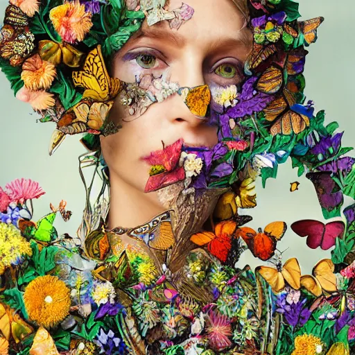 Prompt: sculpture made of flowers and butterflies_portrait_female_future_shaman_harpers_bazaar_vogue_magazine_insanely_detailed_and_intricate_concept_art_close_up_-H_704_-n_9_-i_-S_3183372514_ts-1659972523_idx-7