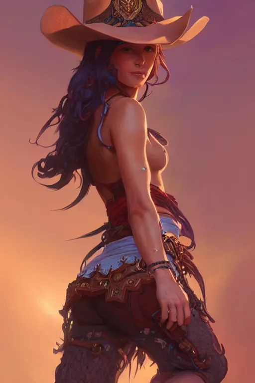 Image similar to beautiful female cowgirl, full body shot, d & d, fantasy, intricate, elegant, highly detailed, digital painting, artstation, concept art, matte, sharp focus, illustration, hearthstone, art by artgerm and greg rutkowski and alphonse mucha