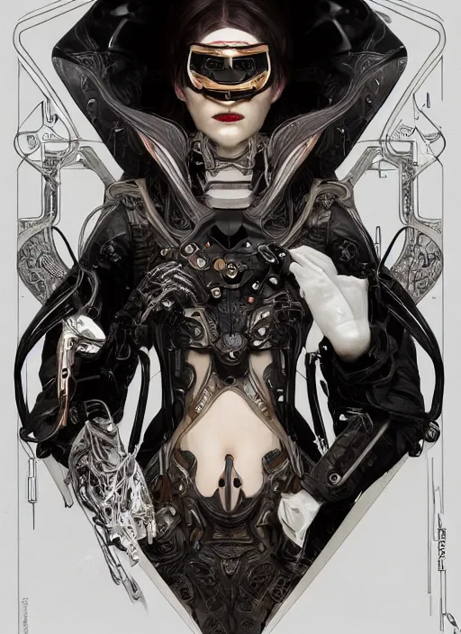 Image similar to a cyborg with mask, black leather garment with art nouveau ivory accessories, cyberpunk, darksynth, luxury, concept art by james jean, extremely detailed, ominous, ethereal, artstation, andree wallin, edvige faini, balaskas, alphonse mucha, 8 k, unreal engine 5